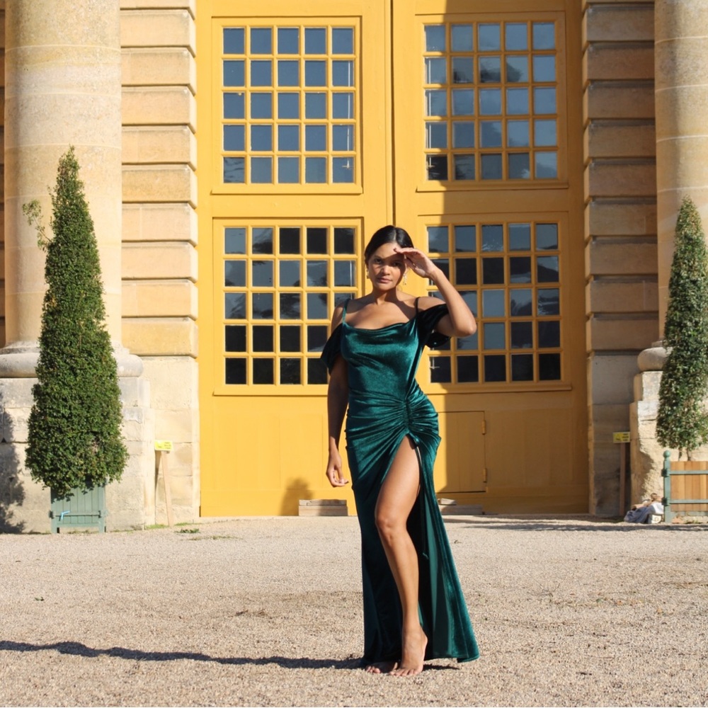 Long green velvet dress